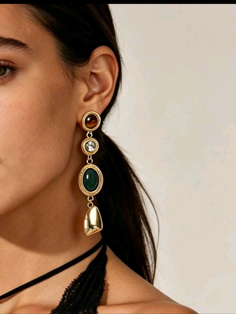 BRAND NEW ** Gold Drop Earrings with Green Stone and Brown Accent